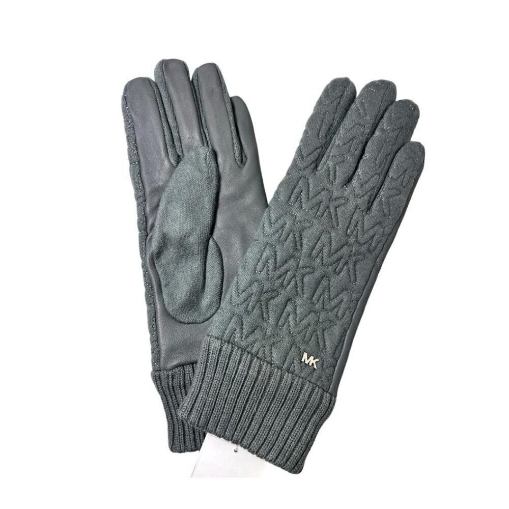 Michael Kors Logo Womens Gray Quilted Knit Leather Trim Gloves Sz M New - Picture 2 of 5